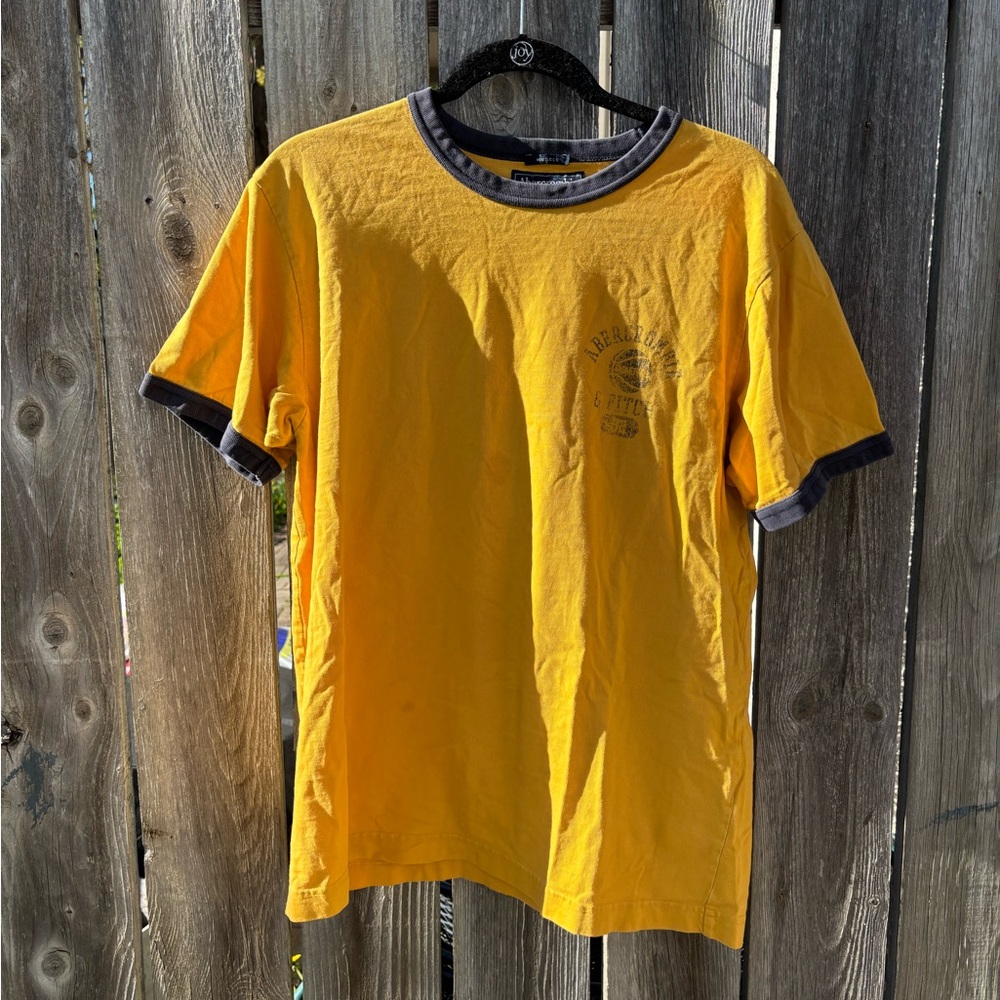 Vintage Y2K Abercrombie & Fitch Yellow Short-Sleeve Ringer Tee with Navy Trim